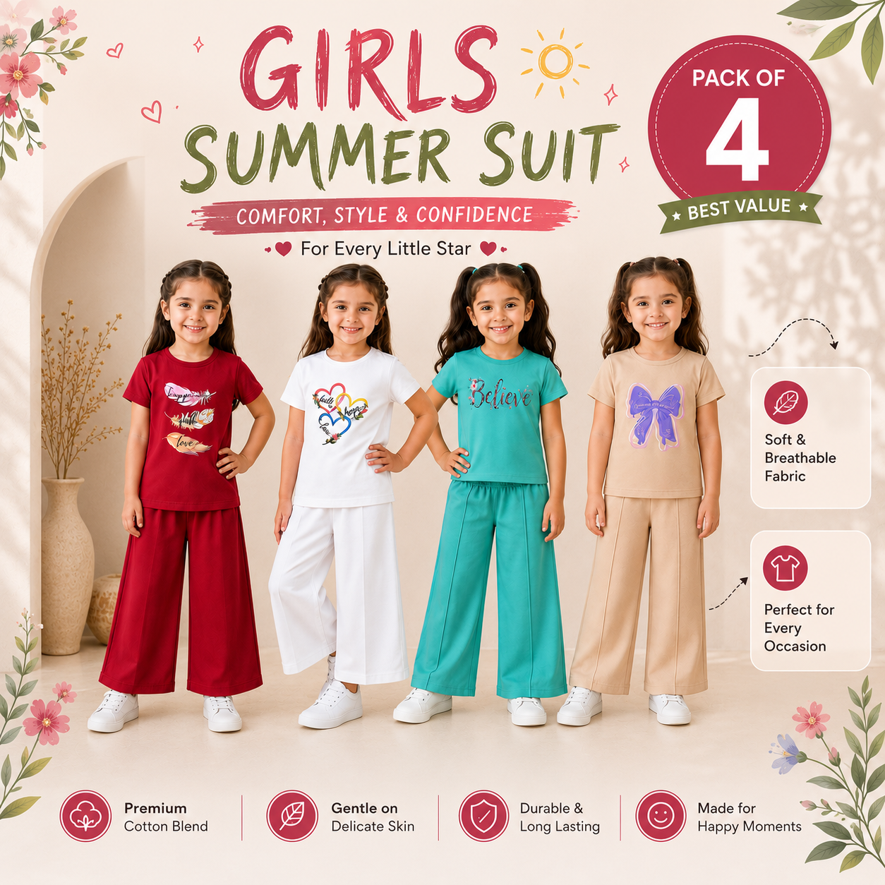 Girls Summer Suit – Pack of 4 | Line Jersey | Trendy Kids Casual Outfit