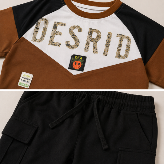 Boys Casual ESPRIT Printed T-Shirt with Black Cargo Trouser 2 Piece Summer Outfit Set