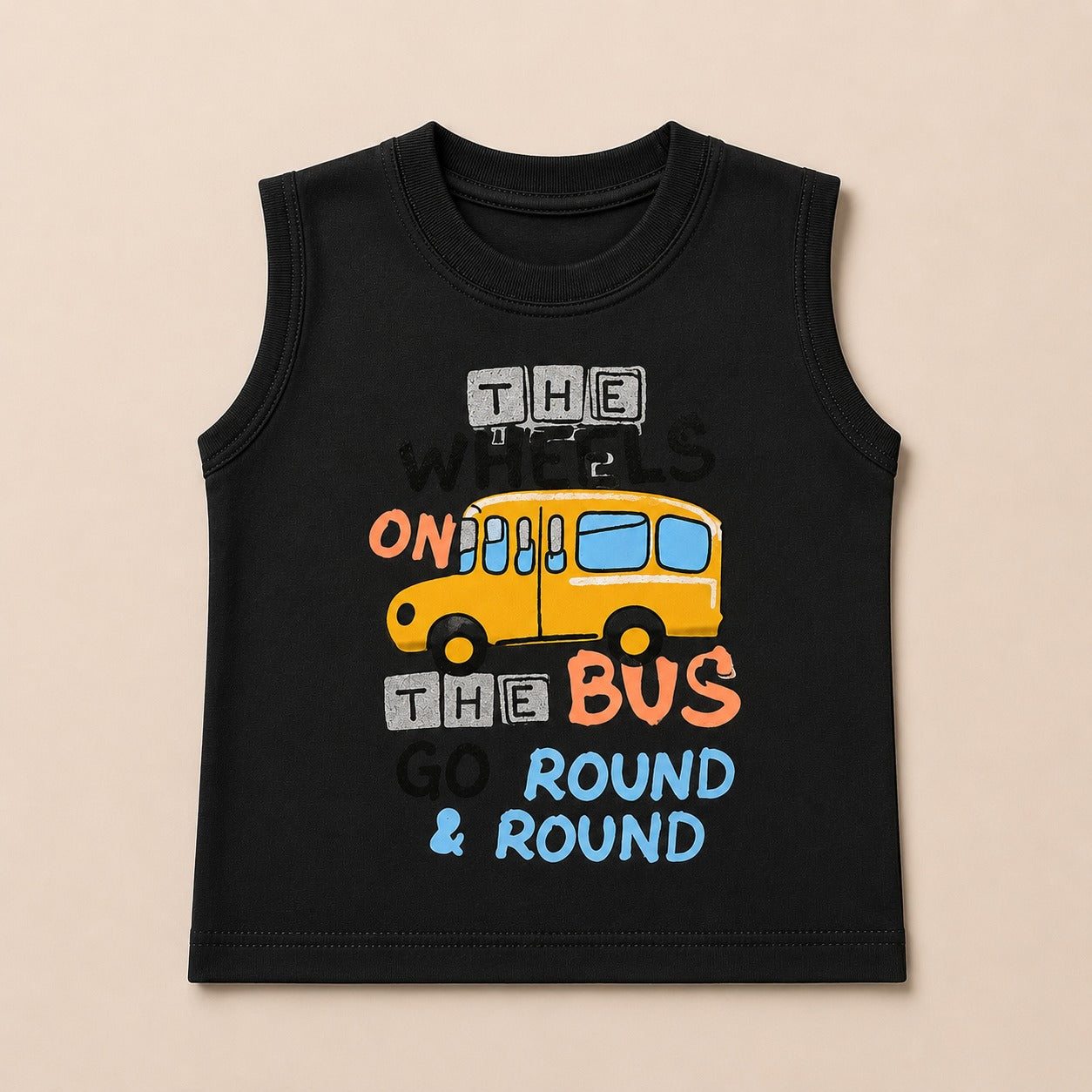 Boys Black Sleeveless T-Shirt with Bus Print