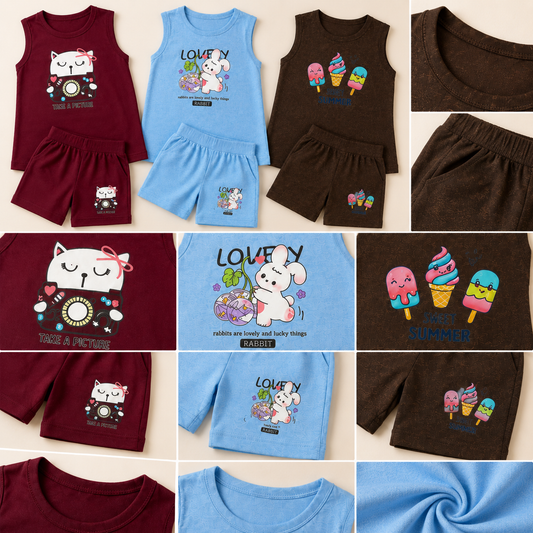 Pack of 3 | Cute Graphic Sleeveless Tops & Shorts