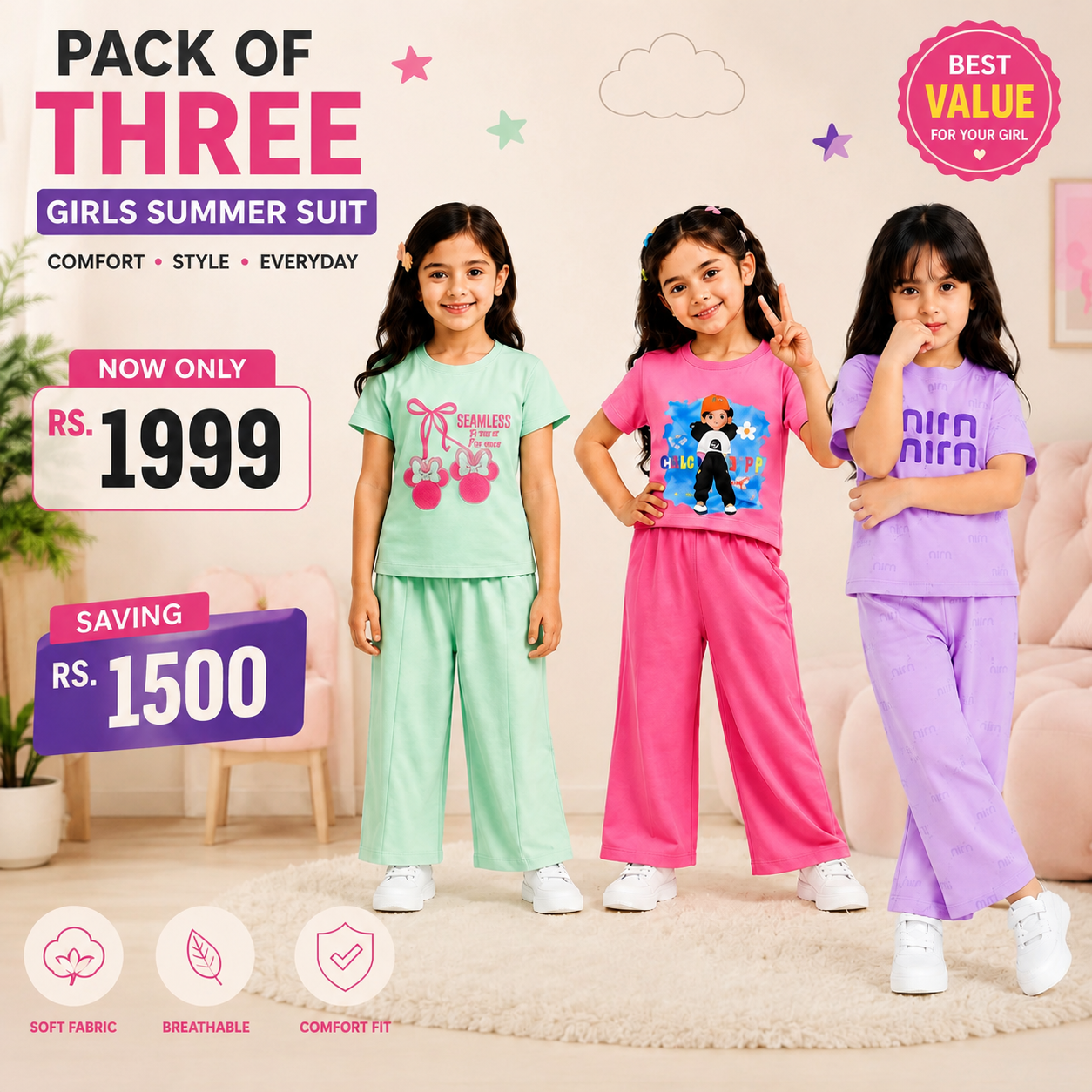 Girls Summer Suit Pack of 3 - Comfortable Graphic Tee & Wide-Leg Trouser Set