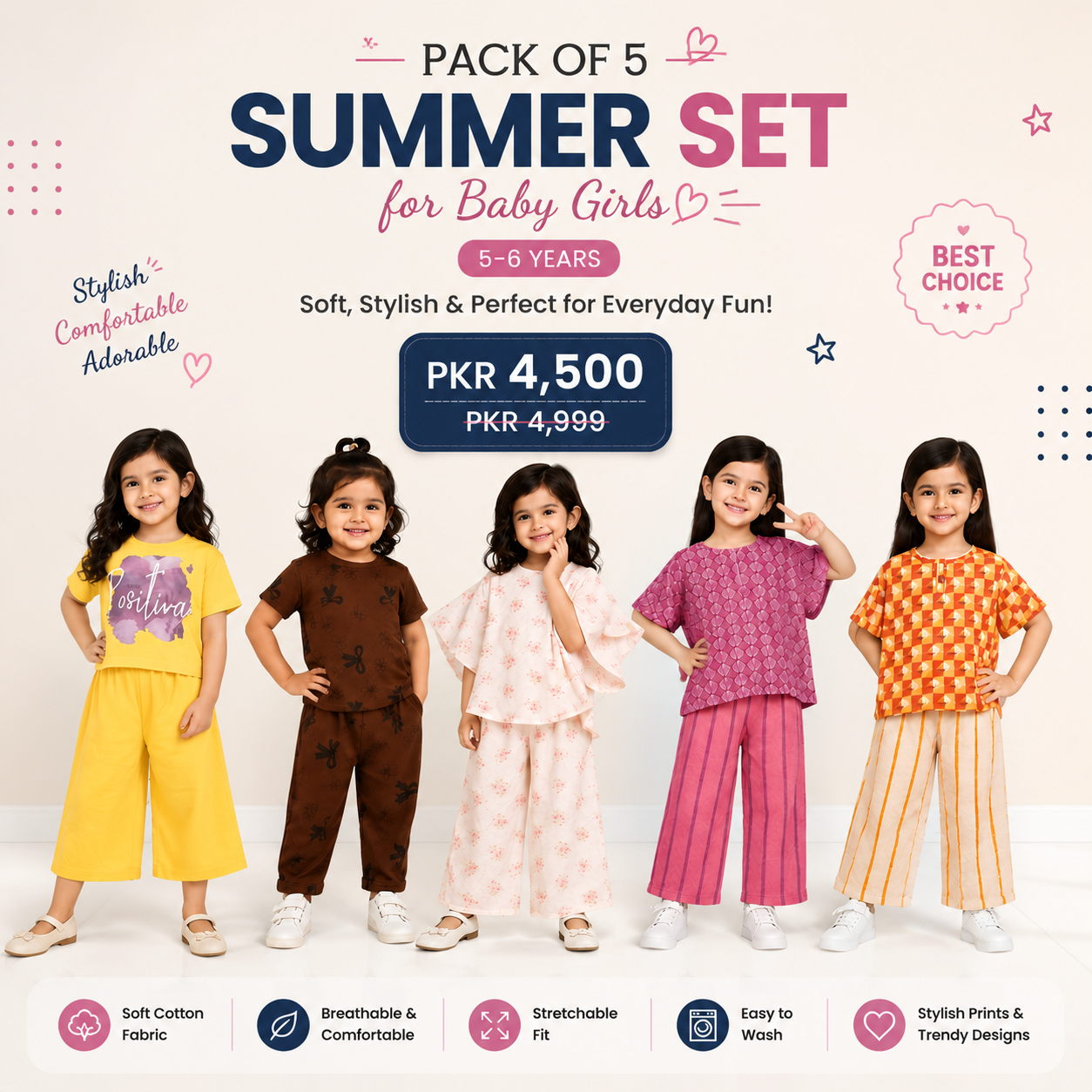 Pack of 5 Summer Sets for Baby Girls (5–6 Years) | Premium Cotton Casual Wear Collection (26)