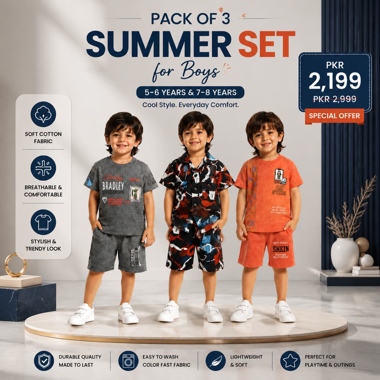 Pack of 3 Summer Sets for Boys (5–6 & 7–8 Years) | Stylish Cotton Casual Wear Collection (27)