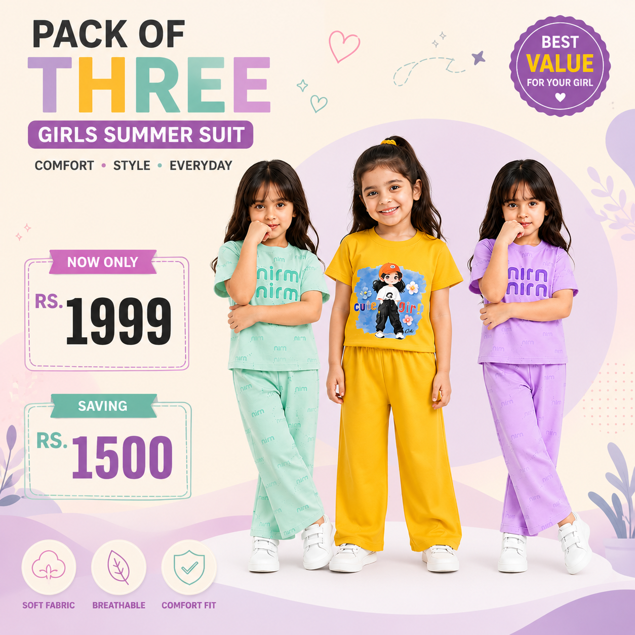 Pack of 3 Girls Summer Suits | Soft Jersey Fabric | Casual Daily Wear