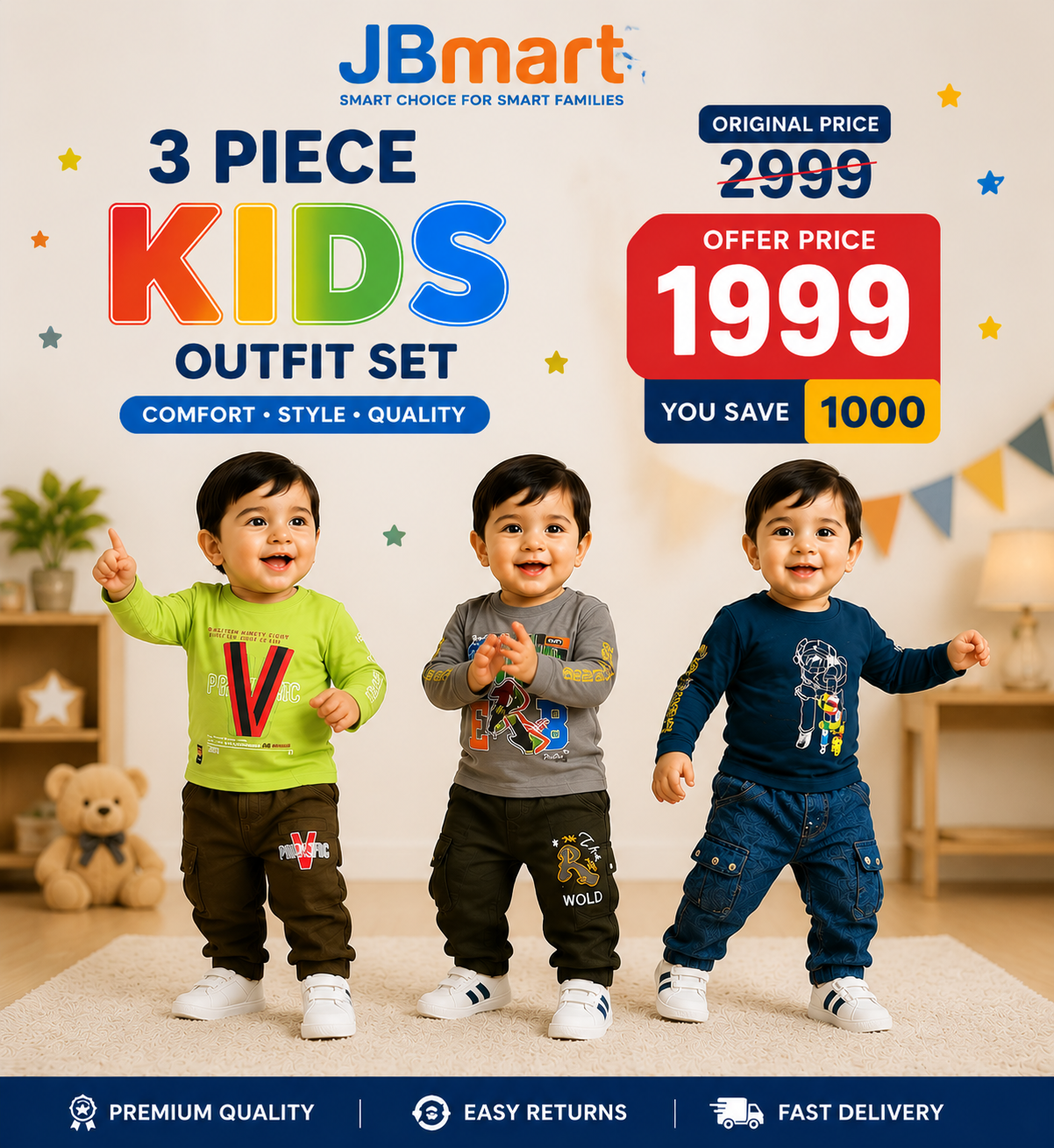 3 Piece Kids Outfit Set | Stylish Baby Boy Dress Set
