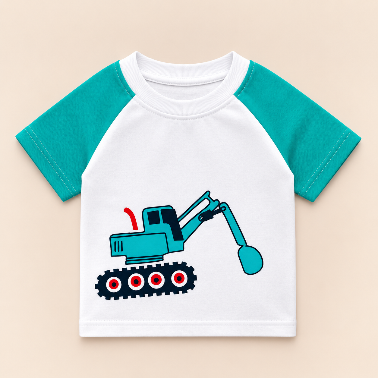 Baby Boys Red & White Raglan T-Shirt | Excavator Graphic Cotton Tee | Casual Summer Wear (10)