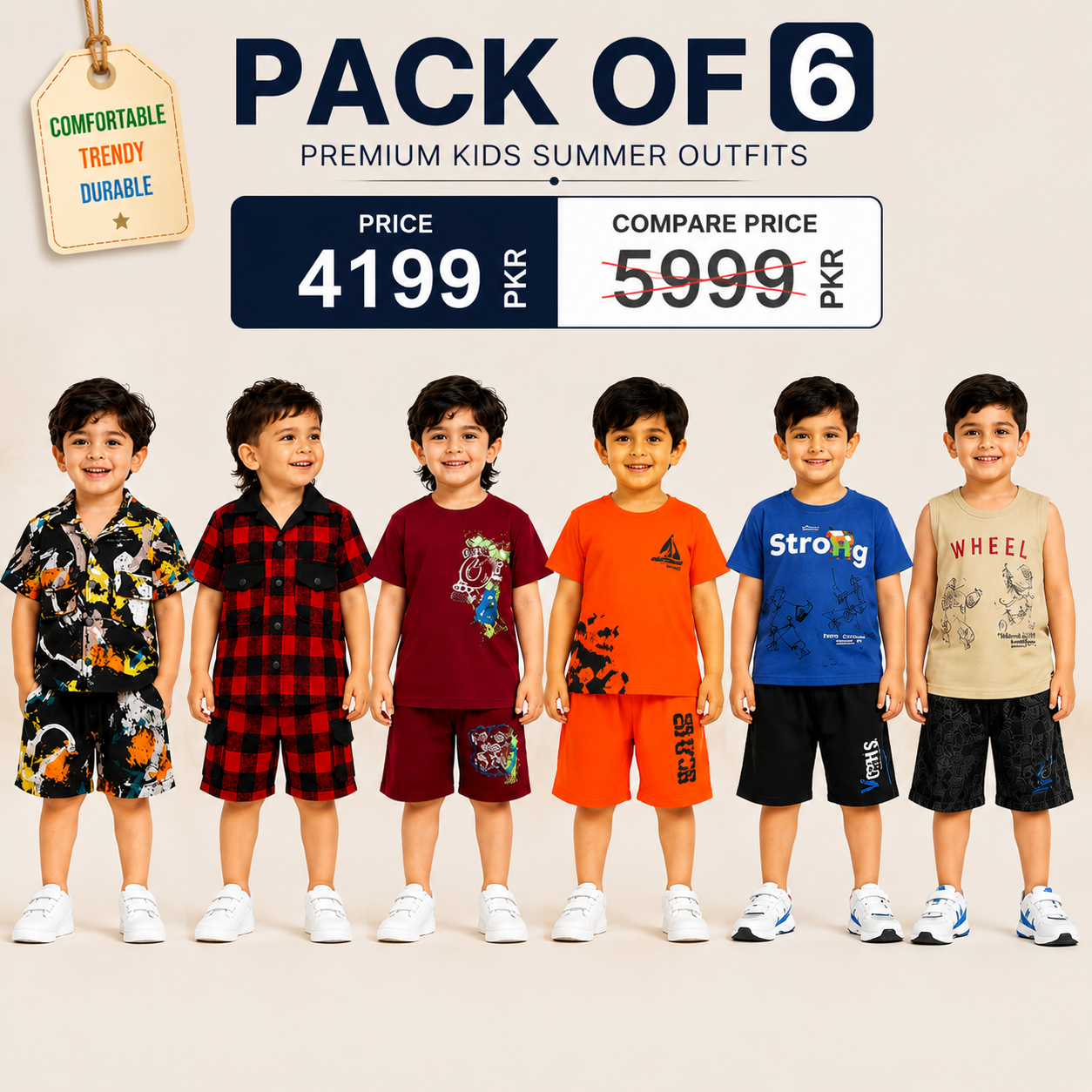 Boys Premium Summer Outfit Pack of 6 | Stylish T-Shirt & Shorts Sets | Comfortable Kids Casual Wear Collection(18)
