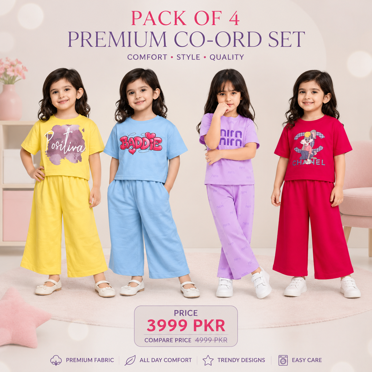 Pack of 4 Premium Girls Summer Co-Ord Set | Soft Cotton Top & Wide Leg Pants | Kids Casual Outfit (22)