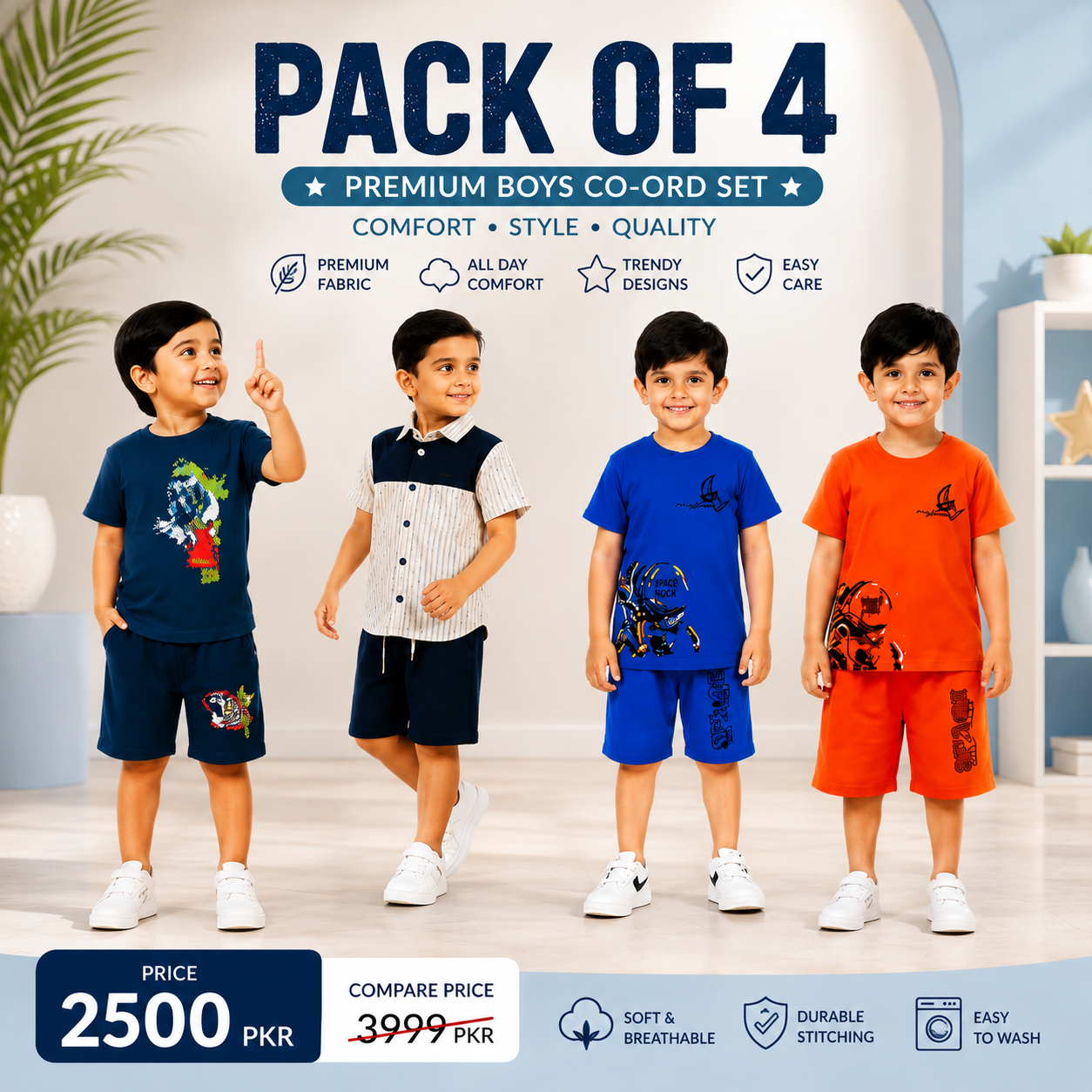 Premium Boys Pack of 4 Summer Co-Ord Set | Cotton T-Shirt & Shorts Collection(21)