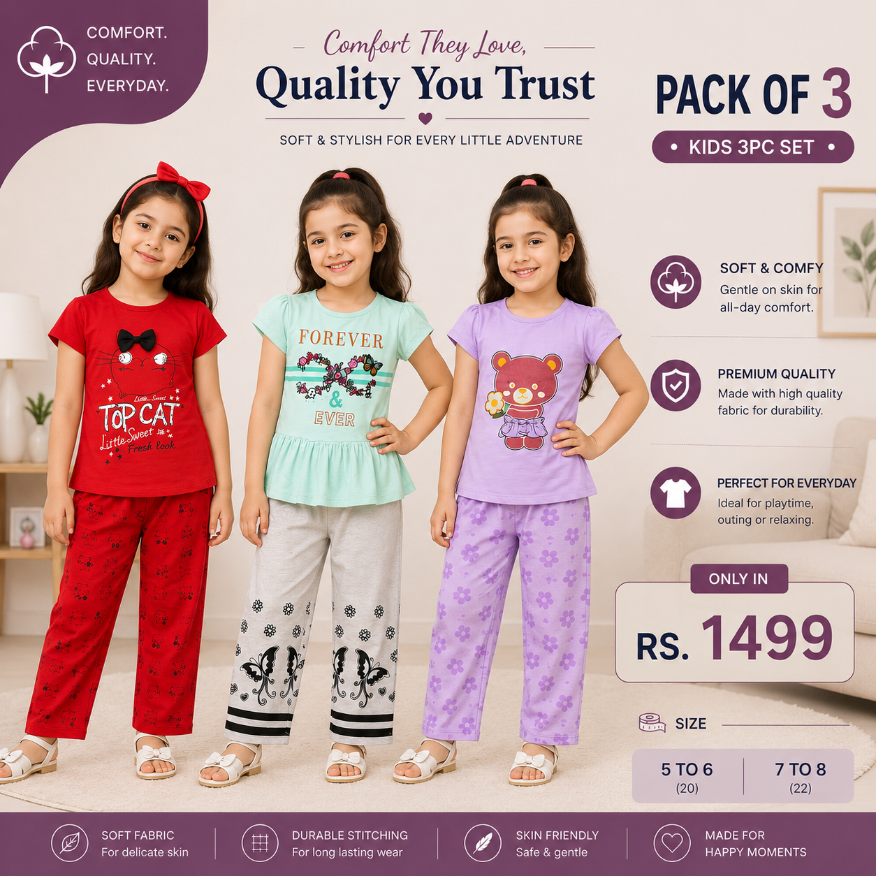 Girls Jersey Pack of 3 | Soft & Comfortable Kids Wear✨