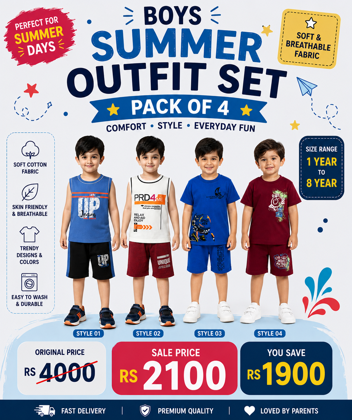 Boys Summer Outfit Set – Pack of 4 | Stylish & Comfortable Kids Wear (Vol 2)