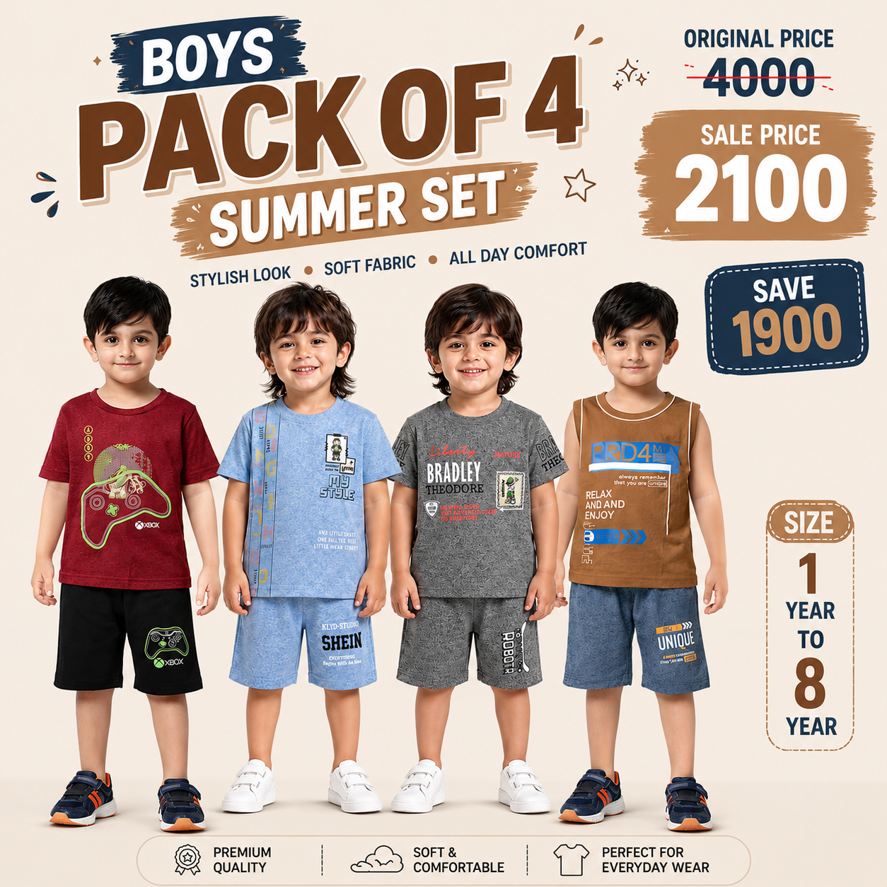 Kids Pack of 4 Summer Outfit Set for Boys | Trendy Cotton Wear