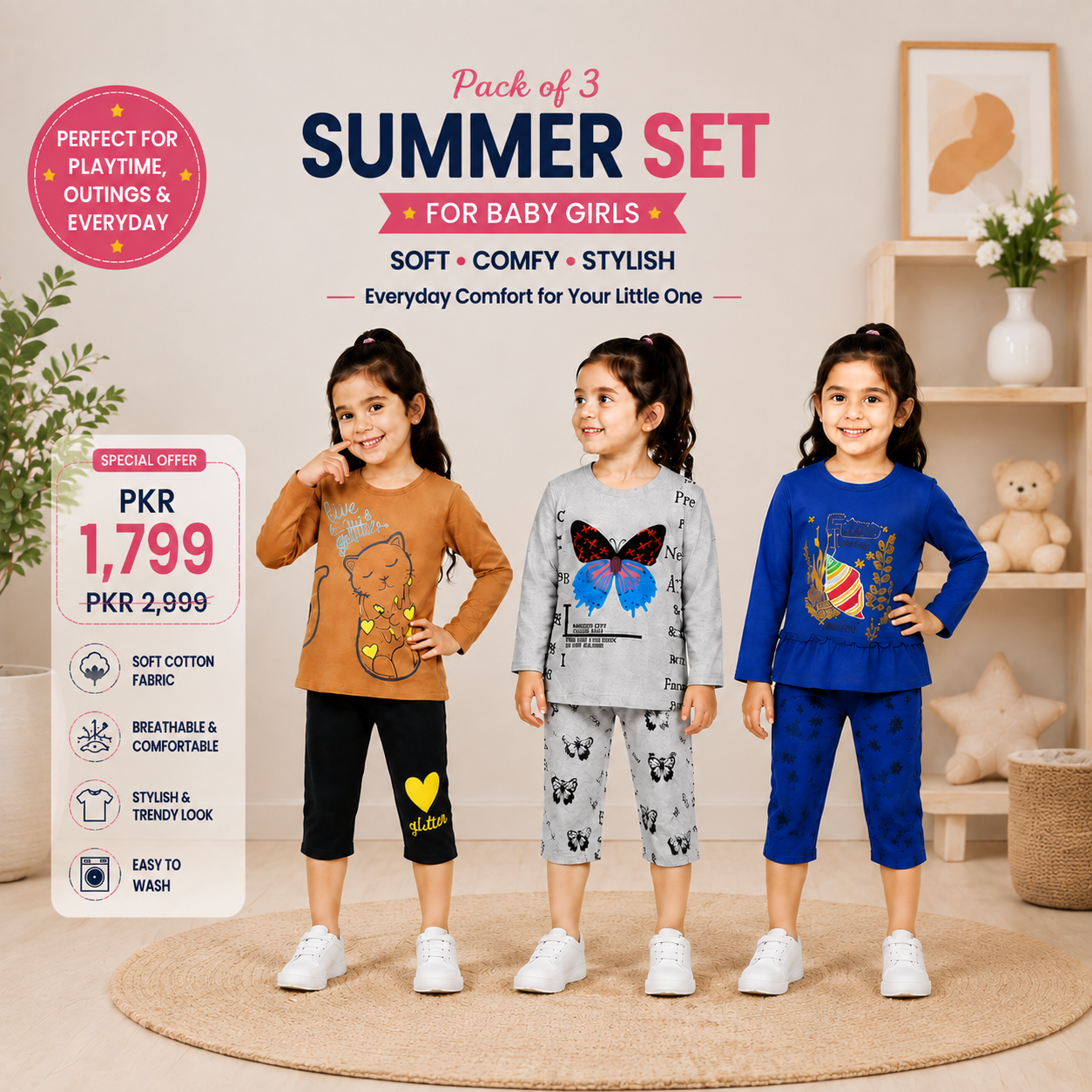 Pack of 3 Summer Sets for Baby Girls | Stylish Cotton Casual Wear Collection (25)