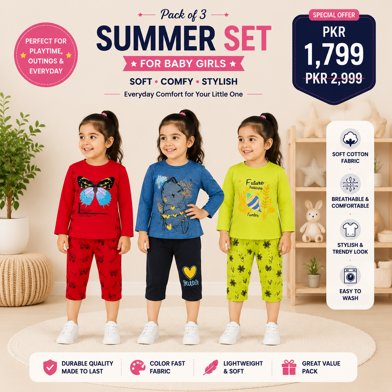 Pack of 3 Summer Sets for Baby Girls | Stylish Cotton Casual Wear Collection (29)