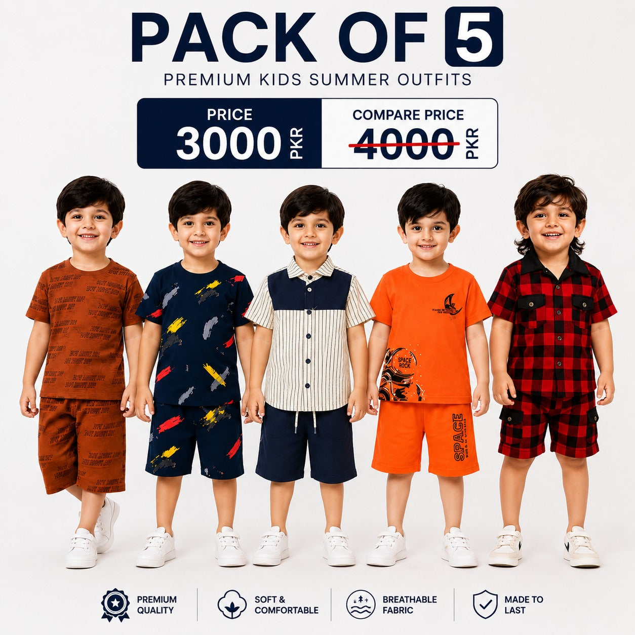 Boys Premium Summer Outfit Pack of 5 | Stylish T-Shirt & Shorts Collection | Comfortable Kids Casual Wear Sets