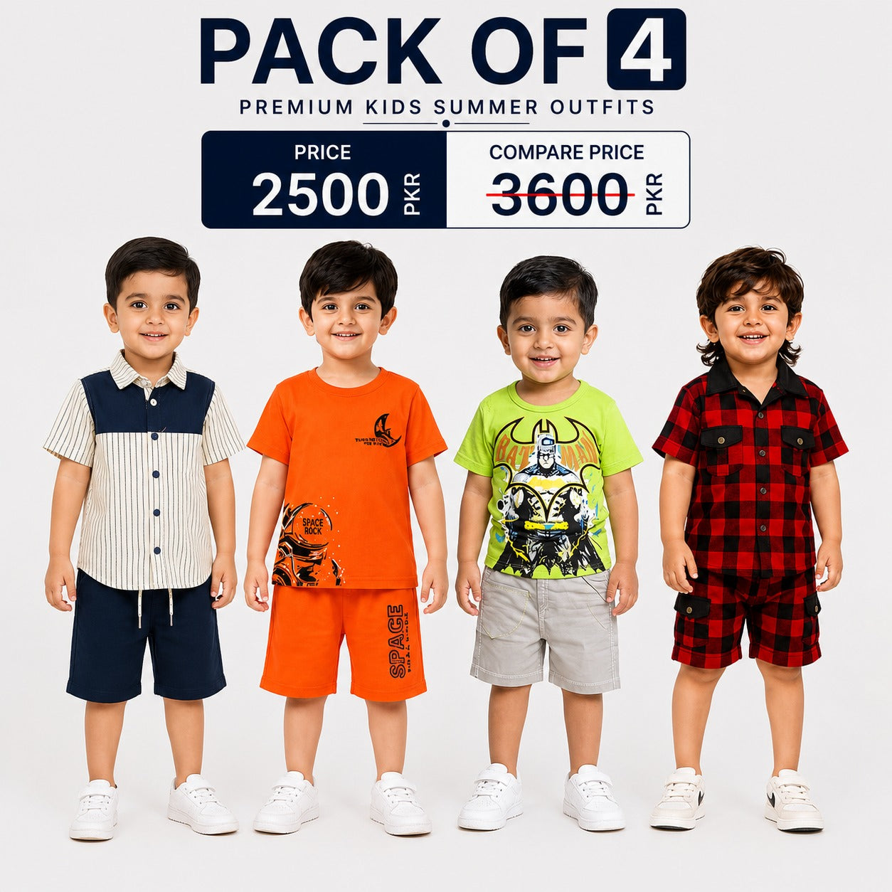 Boys Premium Summer Outfit Pack of 4 | Stylish Shirt & Shorts Sets | Comfortable Kids Casual Wear Collection (17)