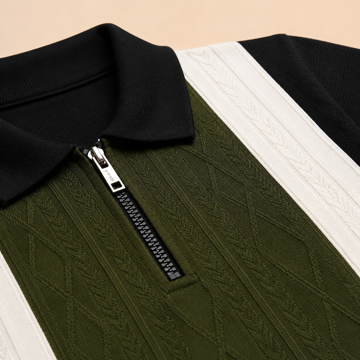 Boys' Modern Color-Block Zipper Polo – Olive, Black & Cream-OLD MONEY (China imported)
