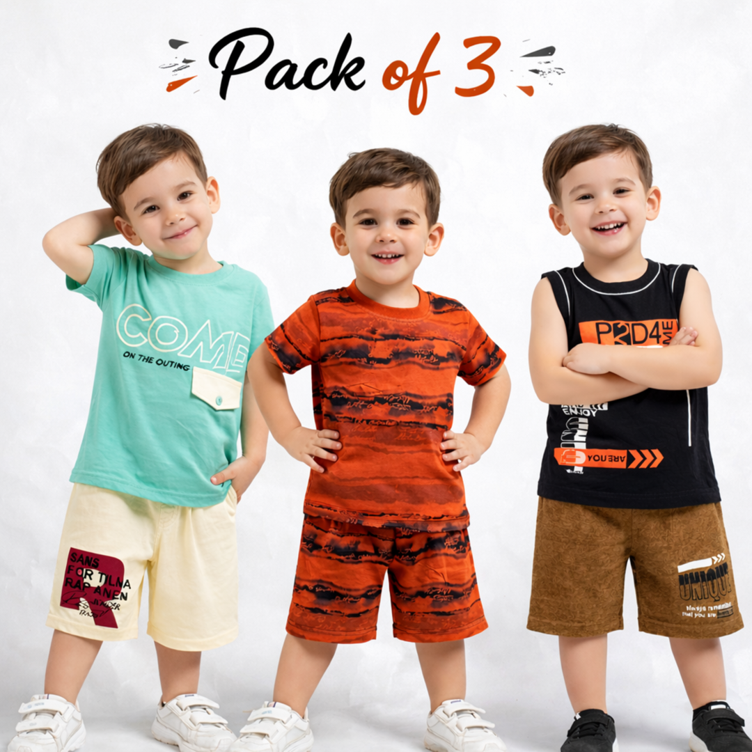 Pack of 3 Boys Summer Co-Ord Sets – Soft Cotton T-Shirt & Shorts Combo for Kids