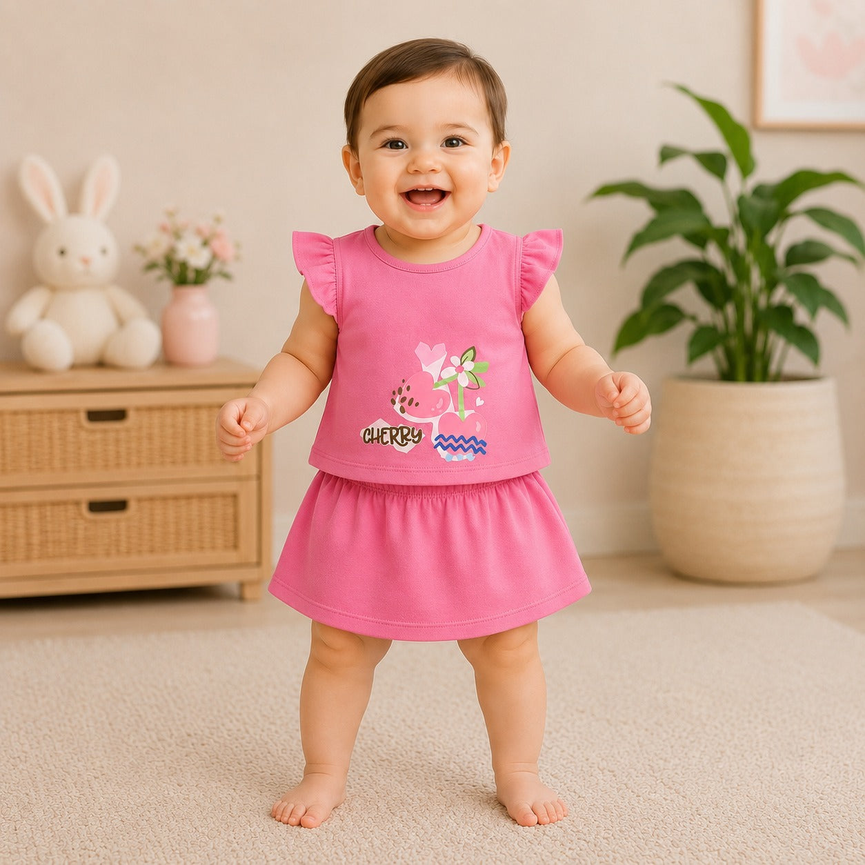 Baby Girls Flutter Sleeve Top & Skirt Set – Cherry Print