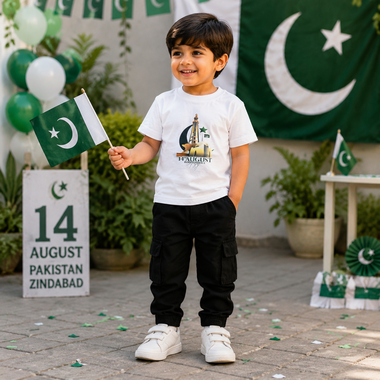 Kids Patriotic 14 August Independence Day Tee - White Graphic T-Shirt