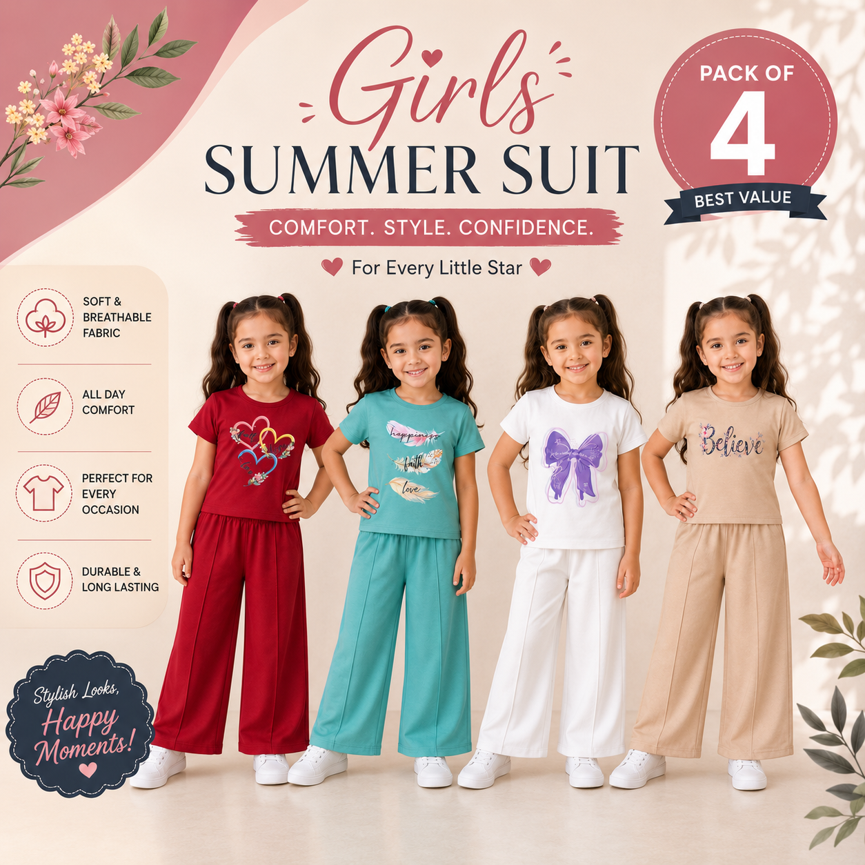 Girls Summer Suit – Pack of 4 |Line Jersey | Soft & Breathable Kids Outfit