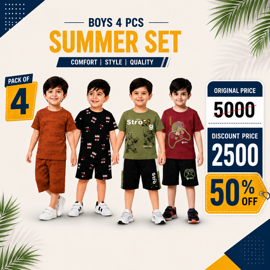Boys Summer Wear Pack of 4 – Premium Casual T-Shirt & Shorts Combo Set (EG 55)