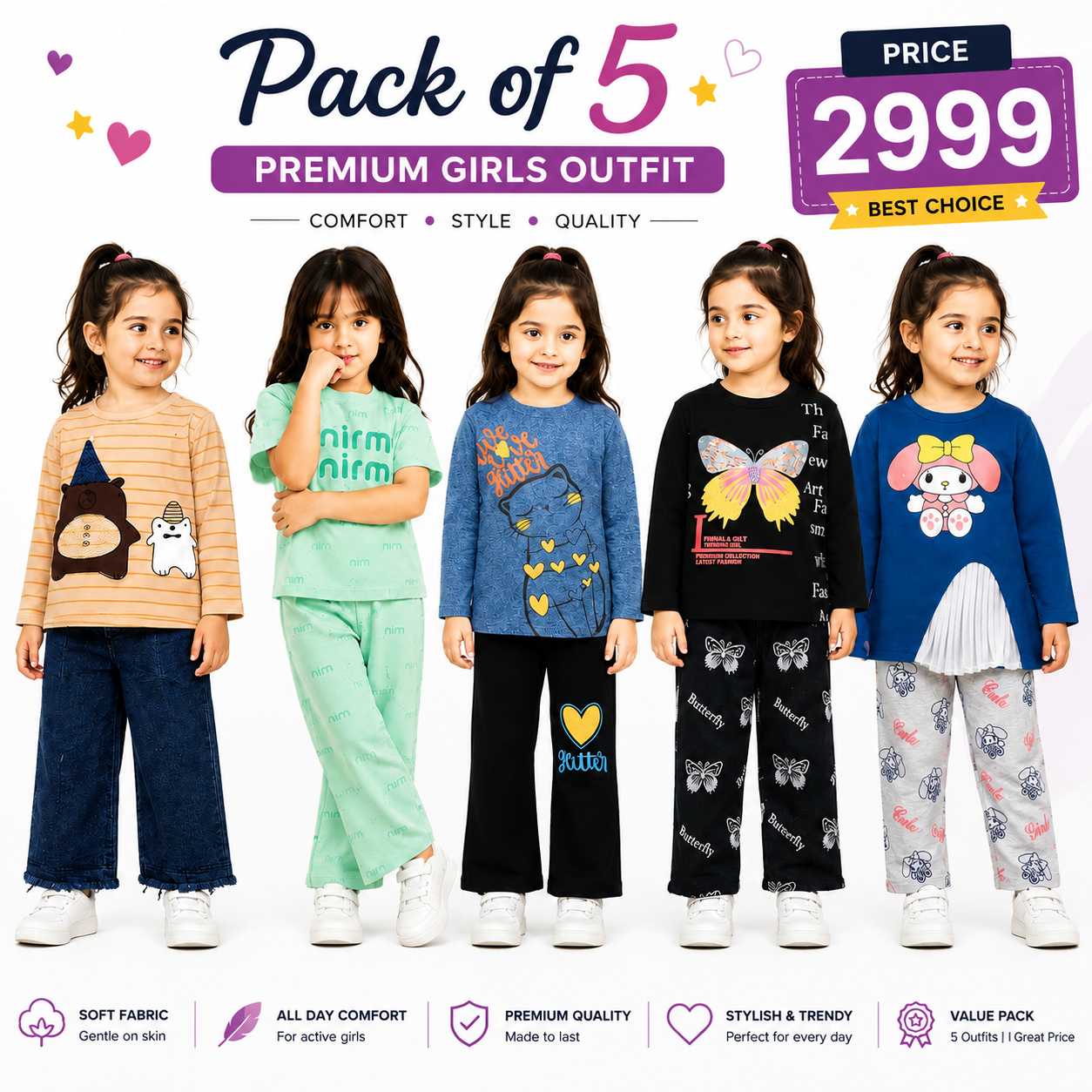 Girls Premium Pack of 5 Full Sleeve Outfit Sets | Stylish Kids Winter Collection(13)