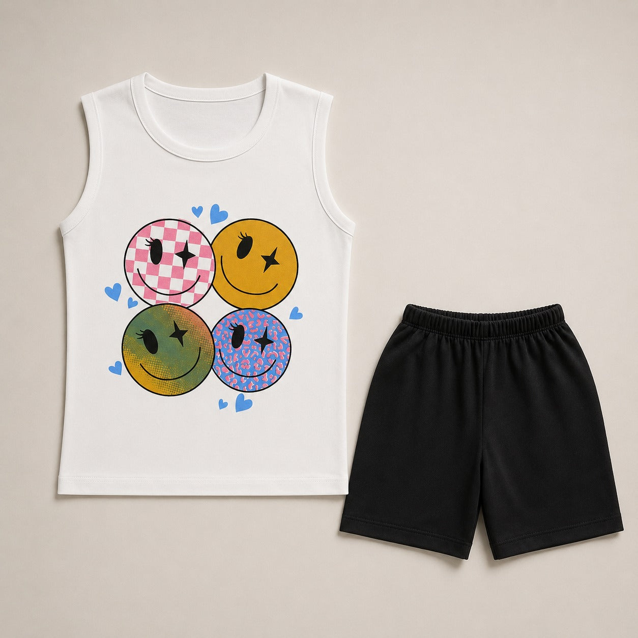 Girls Smiley Face Print Summer Co-ord Set