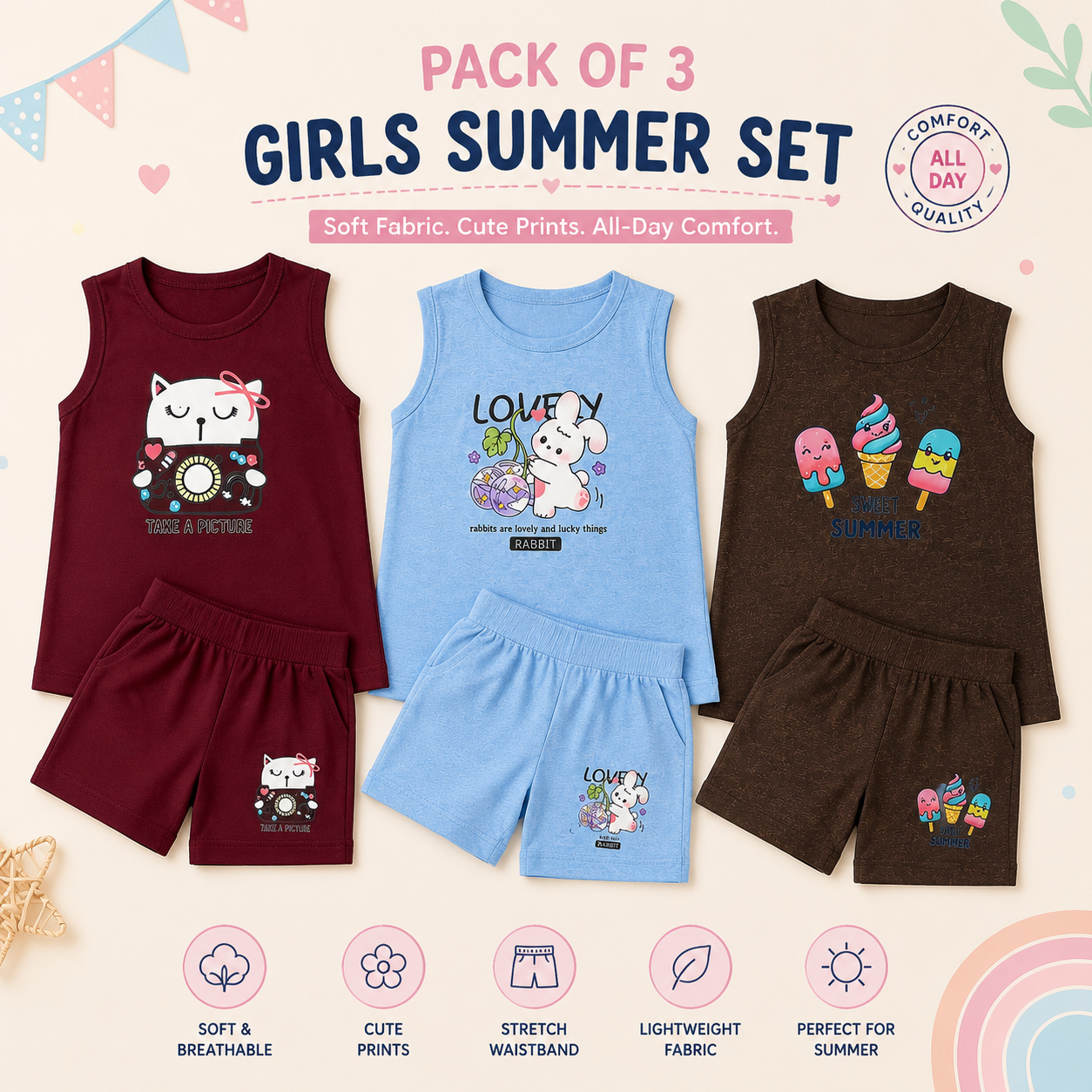 Pack of 3 | Cute Graphic Sleeveless Tops & Shorts