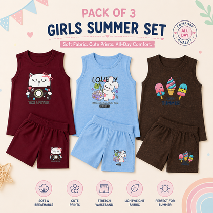Pack of 3 | Cute Graphic Sleeveless Tops & Shorts