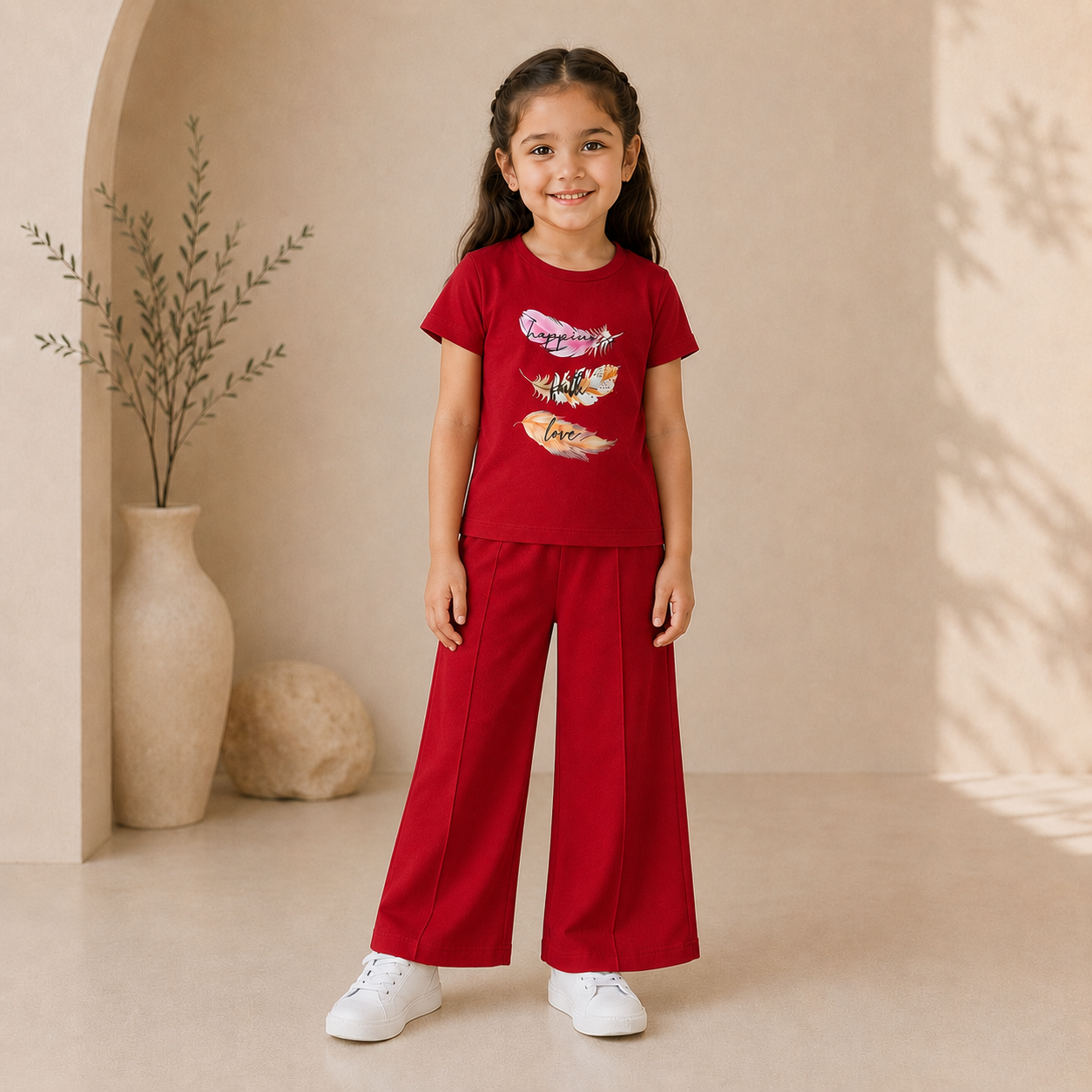 Girls Premium  Soft Graphic Tee & Wide Leg Pants | Red & Aqua Green