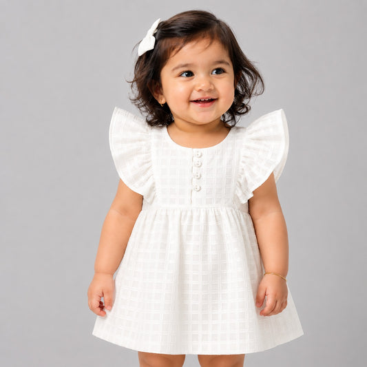 Girls White Textured Flutter Sleeve Dress (EB 615)