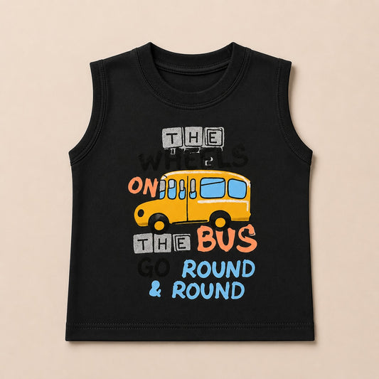 Boys Black Sleeveless T-Shirt with Bus Print