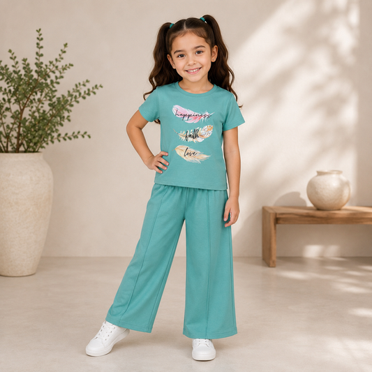Girls Premium  Soft Graphic Tee & Wide Leg Pants | Red & Aqua Green