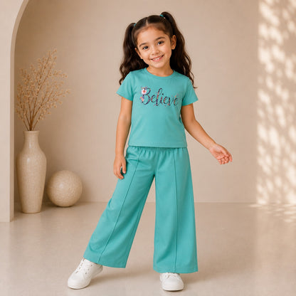 Cute Believe Graphic T-Shirt & Wide Leg Pants Set for Girls