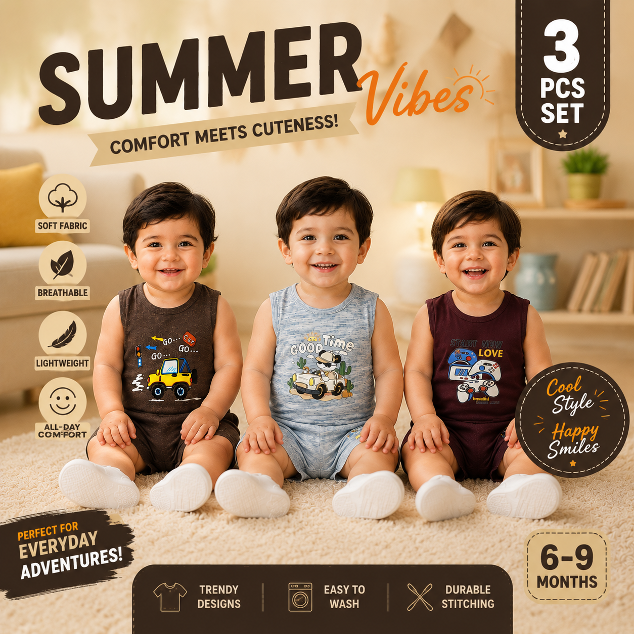 Baby Boys Summer Romper Set - Pack of 3 Sleeveless Graphic Playsuits