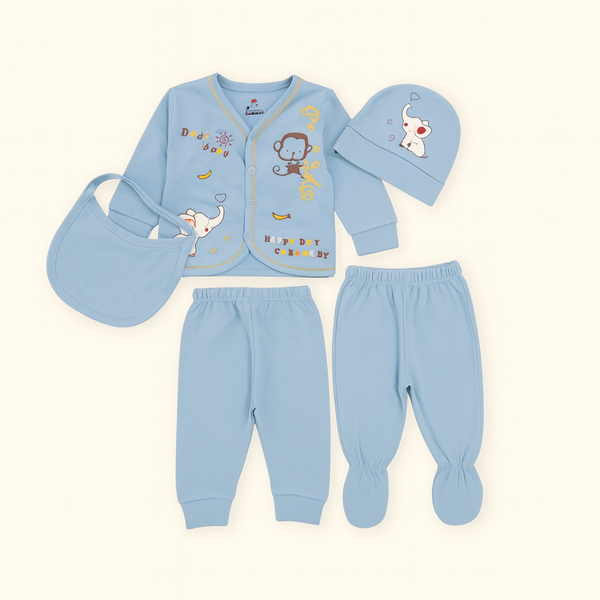 5-Piece Infant Dress Set – Soft PC Fabric Newborn Outfit with Bib, Cap & Pants (Blue)