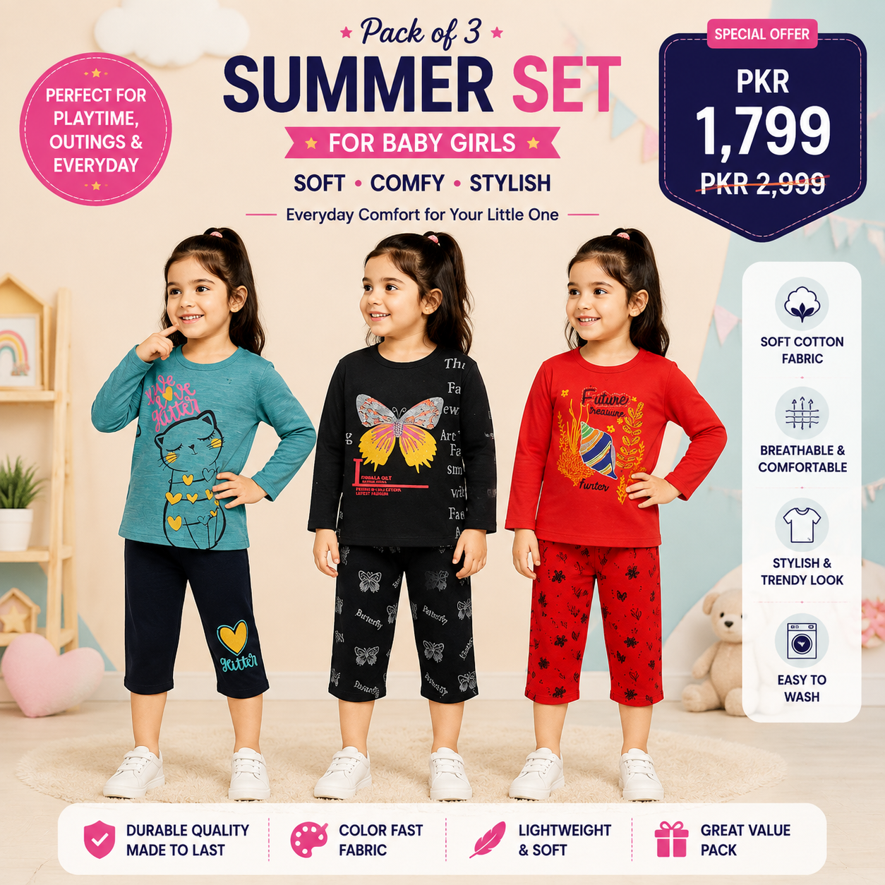 Pack of 3 Summer Sets for Baby Girls | Stylish Cotton Casual Wear Collection (31)