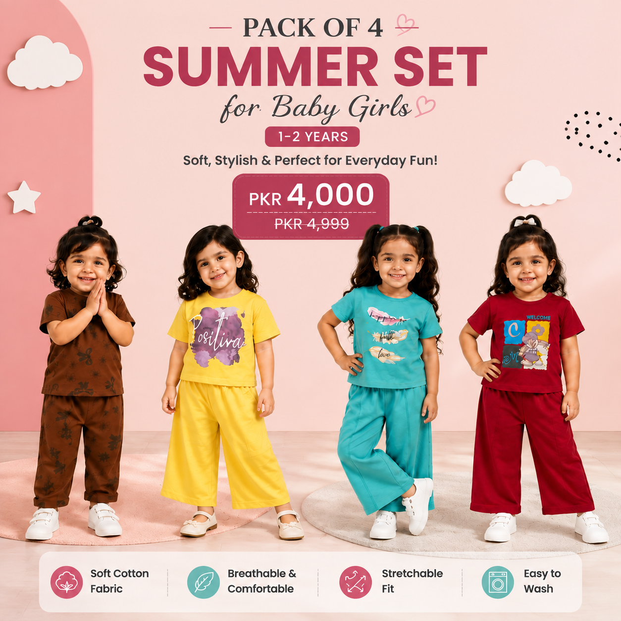 Pack of 4 Summer Sets for Baby Girls (1–2 Years) | Soft Cotton Casual Wear Collection (25)