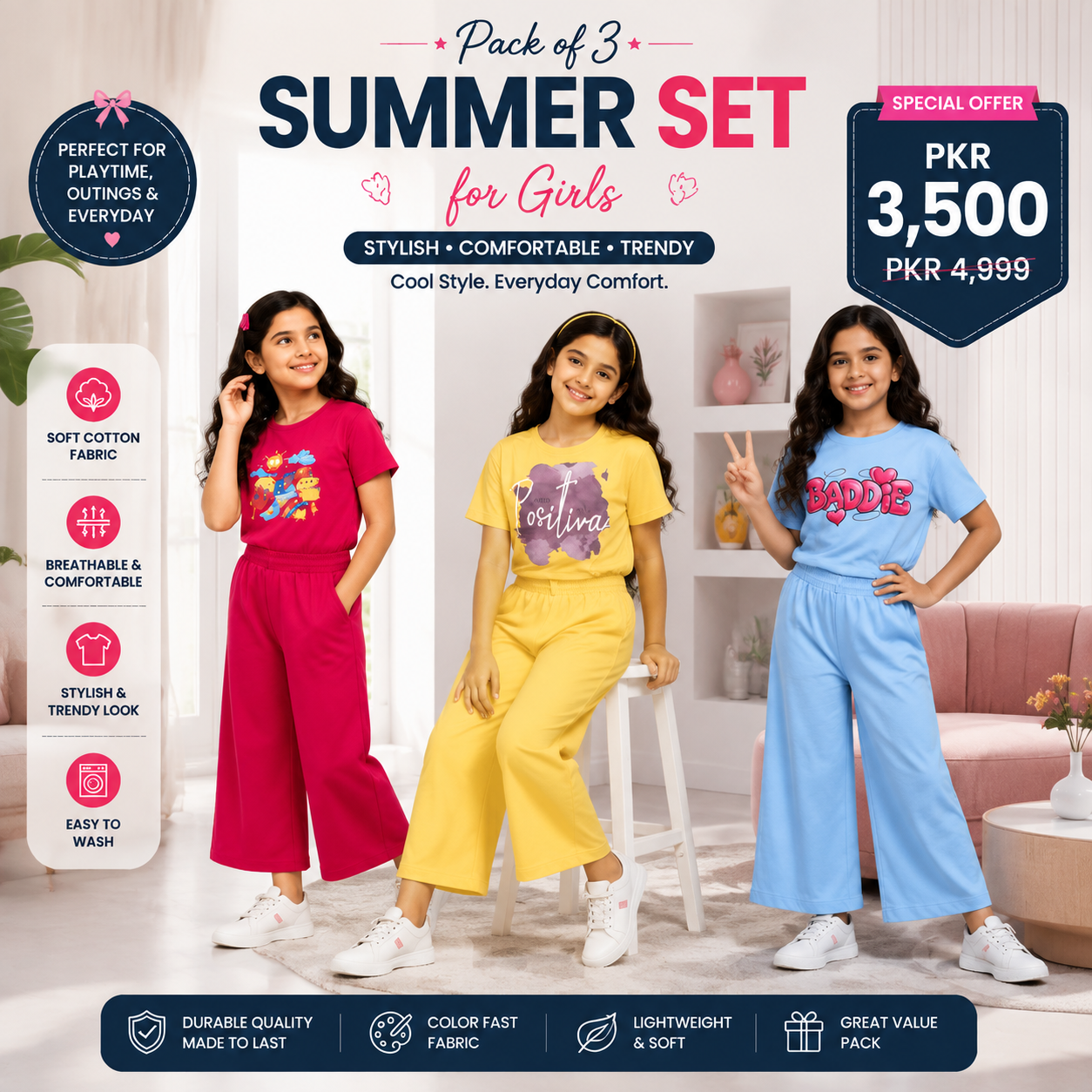 Pack of 3 Summer Sets for Girls | Stylish Cotton Casual Wear Collection(28)