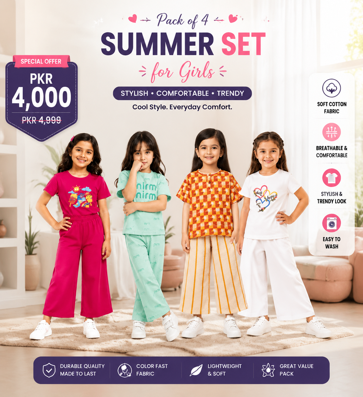 Pack of 4 Summer Sets for Girls | Stylish Cotton Casual Wear Collection (28)