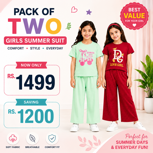 Pack of 2 Girls Summer Suit Set – Premium Soft Fabric Casual Outfit