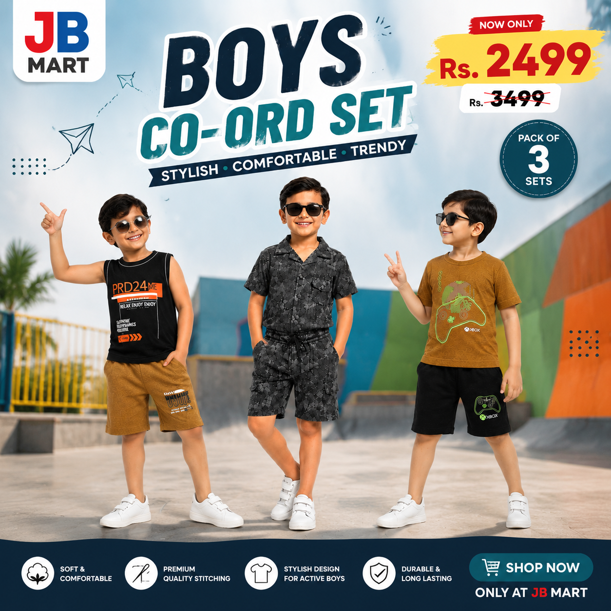Premium Boys Summer Co-Ord Set | Pack of 3 Stylish T-Shirt & Shorts Sets for Kids 05