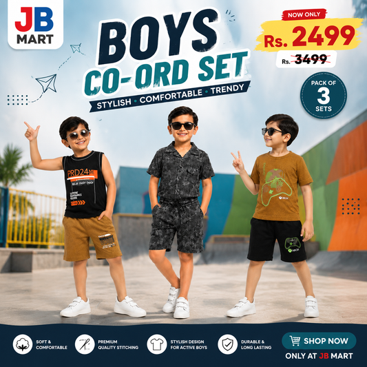 Premium Boys Summer Co-Ord Set | Pack of 3 Stylish T-Shirt & Shorts Sets for Kids 05