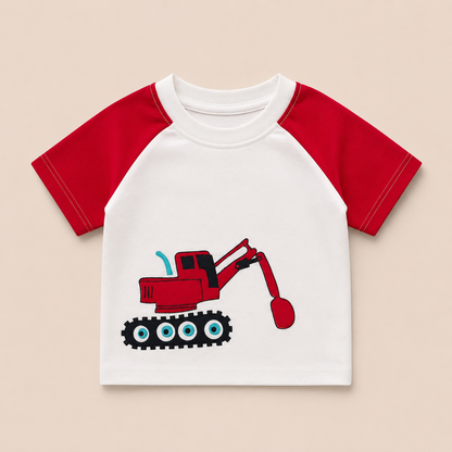 Baby Boys Red & White Raglan T-Shirt | Excavator Graphic Cotton Tee | Casual Summer Wear (10)