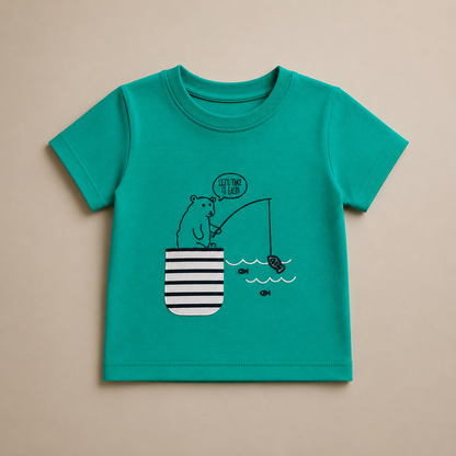 Baby Boys Teal Bear Fishing Graphic T-Shirt | Cute Cotton Casual Tee | Summer Wear (11)