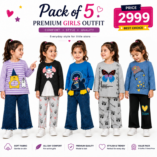 Girls Premium Pack of 5 Full Sleeve Printed Outfits | Stylish Kids Winter Collection (12)