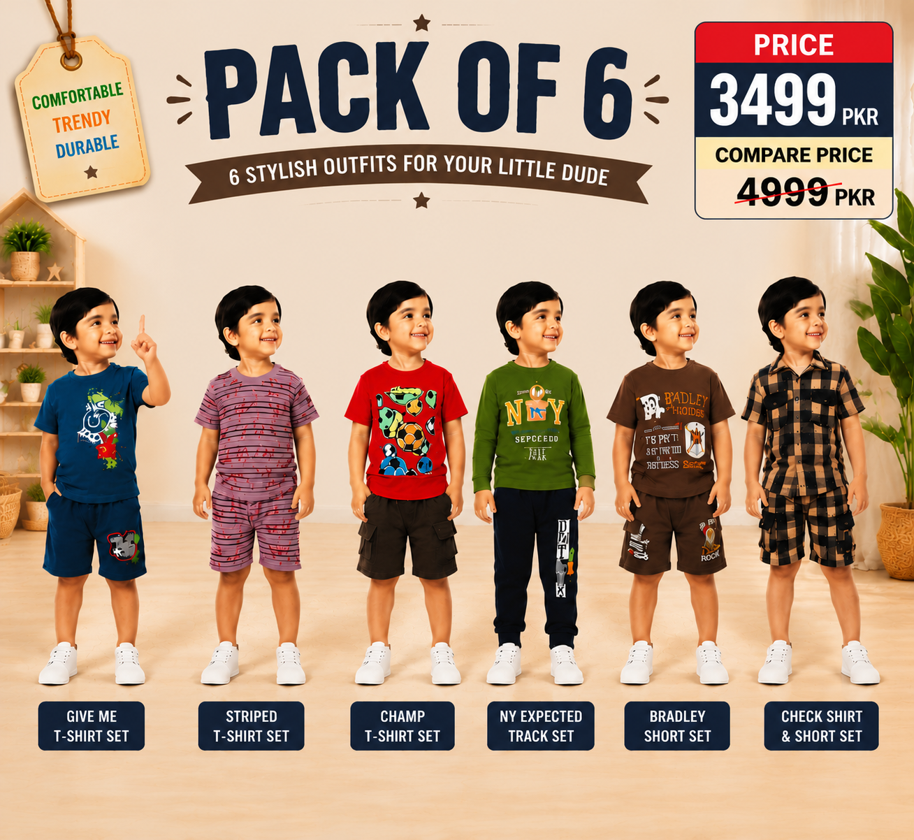 Boys Premium Outfit Pack of 7 | Stylish Kids T-Shirt, Track & Short Sets Collection | Comfortable Casual Wear(15)