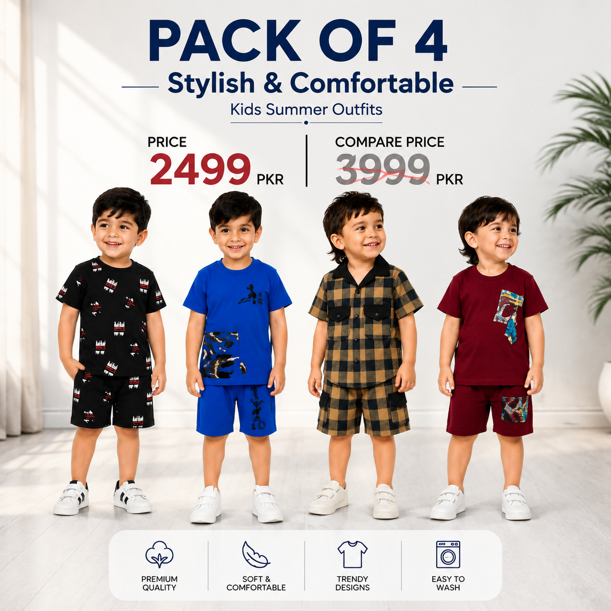 Premium Kids Summer Outfit Set – Pack of 4 | Stylish & Comfortable Boys Clothing Set(20)