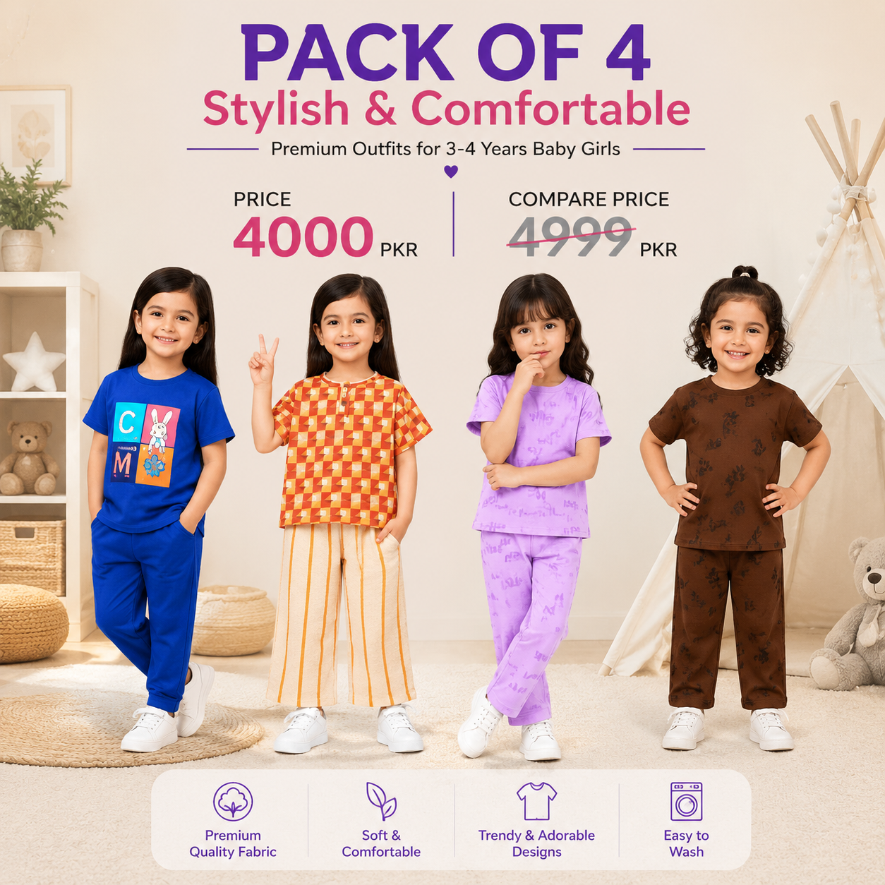 Premium Girls Summer Outfit Set – Pack of 4 | Stylish & Comfortable Clothing Collection (3–4 Years) (23)